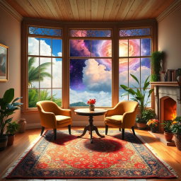 A cozy imaginary room with a large window showcasing a changing view of either a vibrant jungle, fluffy clouds, or a stunning galaxy, creating a dreamlike atmosphere