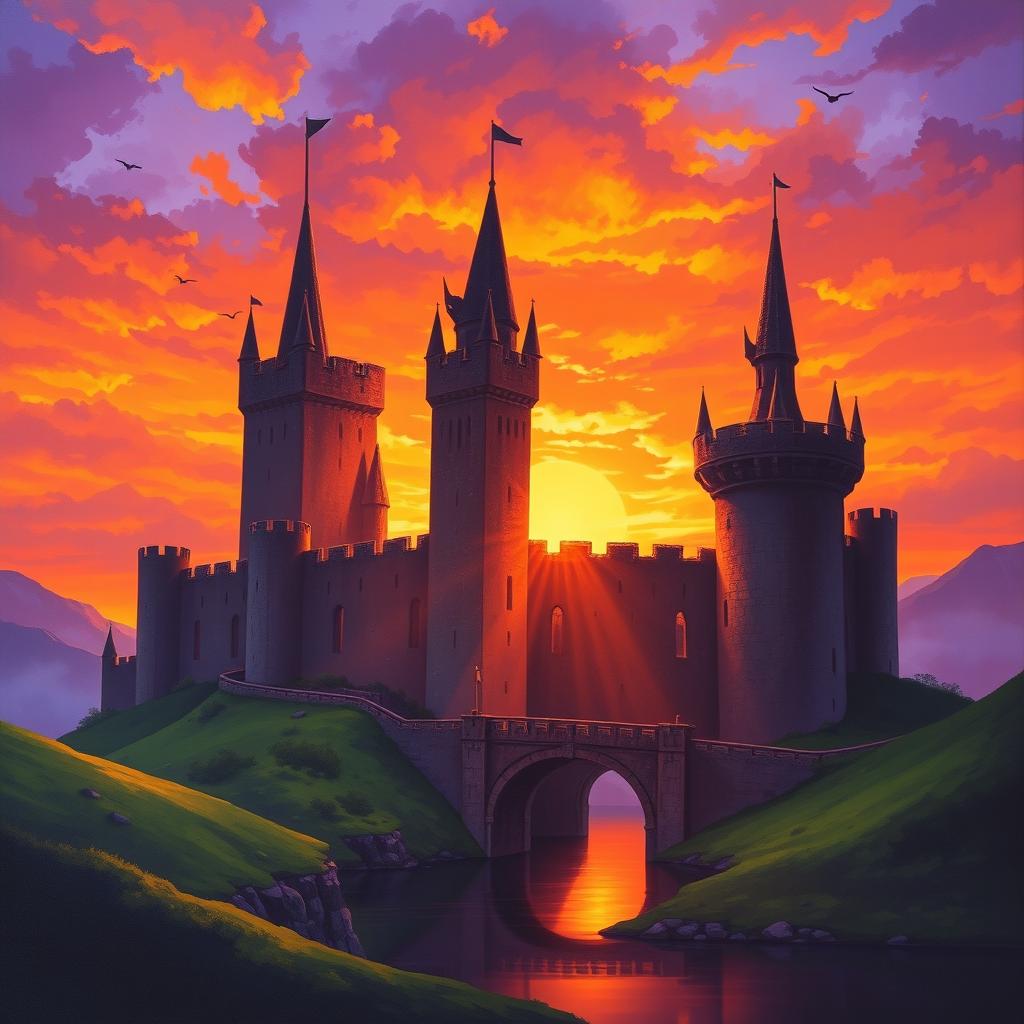 A stunning medieval castle silhouetted against a vibrant sunset sky, rich in oranges and purples