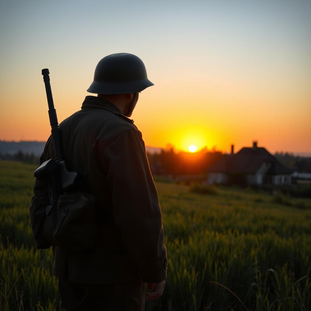 A World War II Russian soldier in summer, standing with his back to the viewer in a grassy field, watching a beautiful sunset