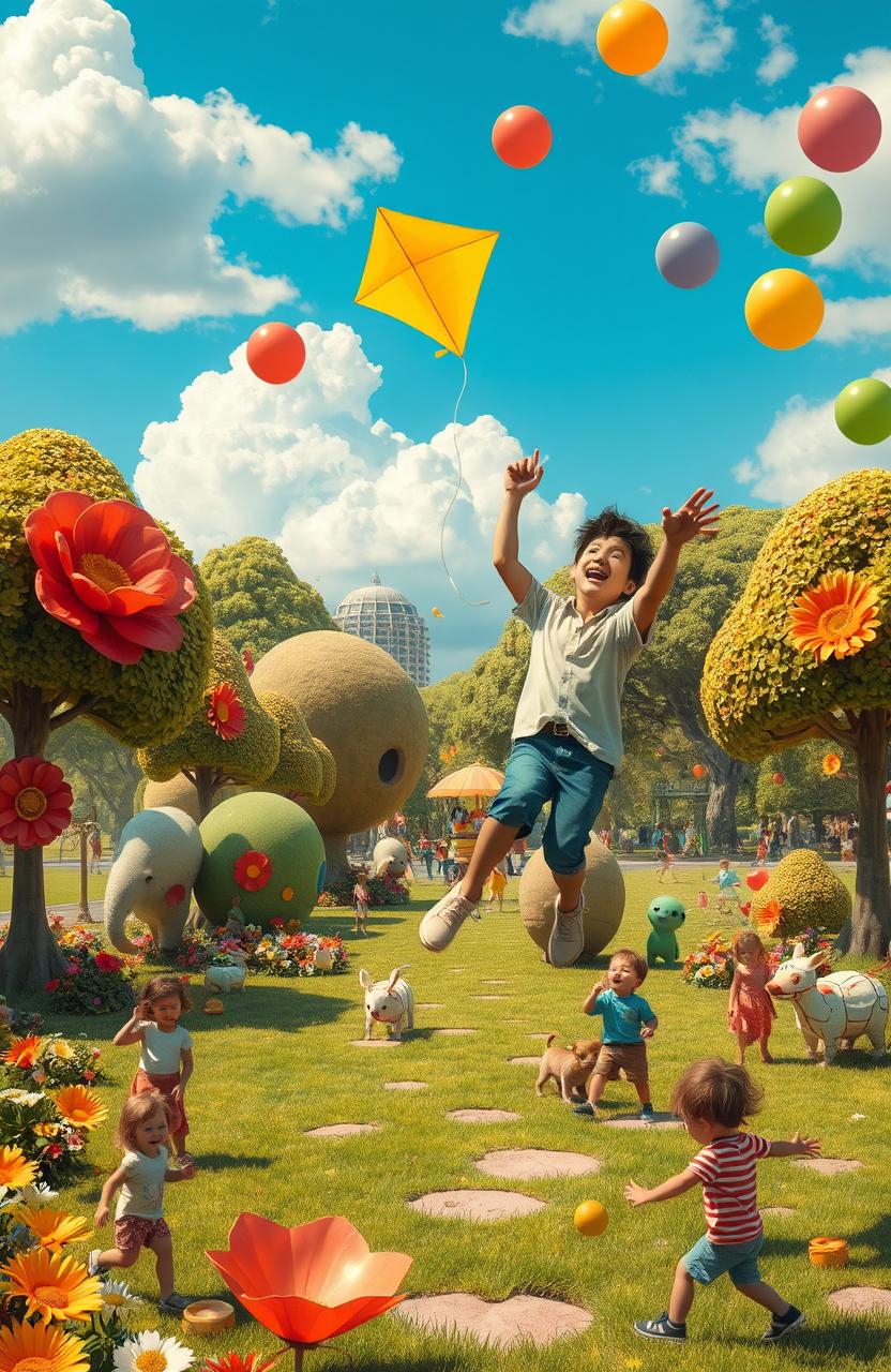A whimsical and imaginative scene depicting an adult enjoying life with a childlike wonder