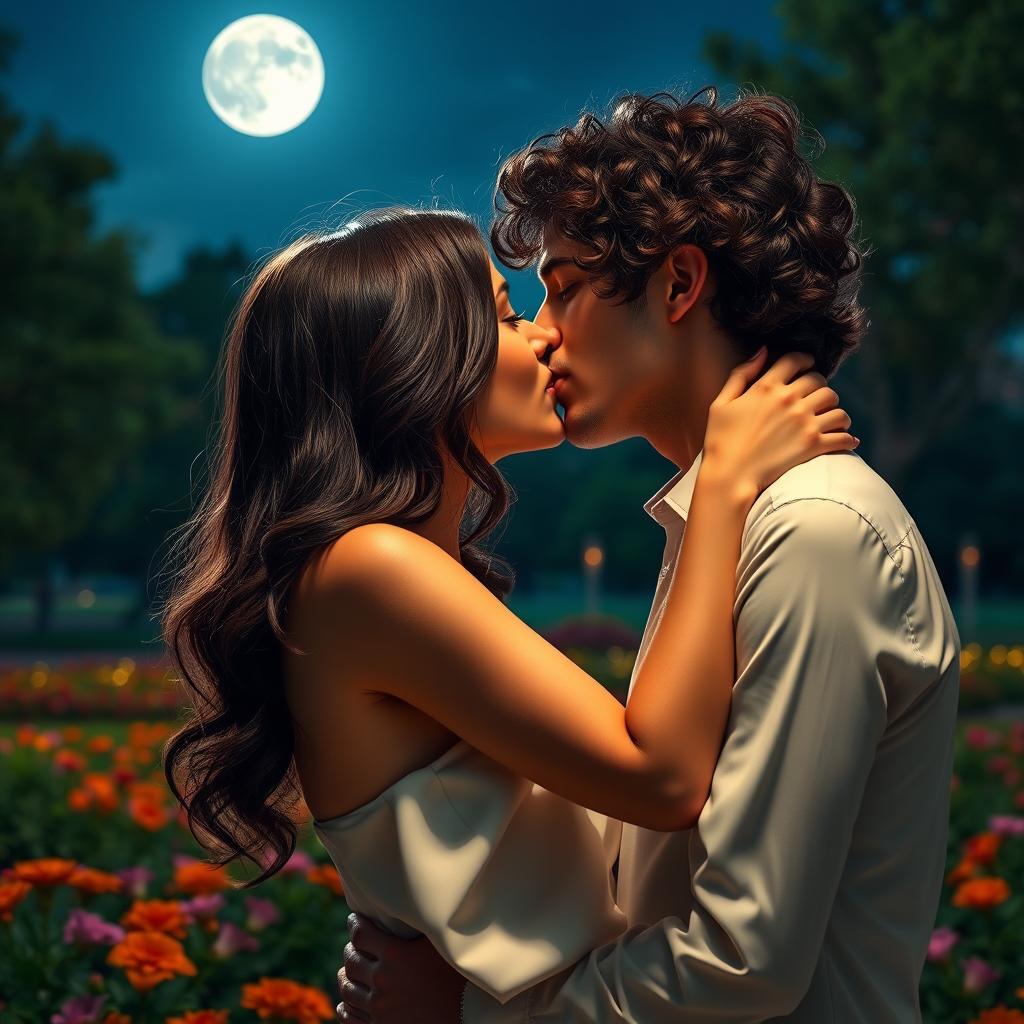 A romantic scene featuring two people passionately kissing under a moonlit sky