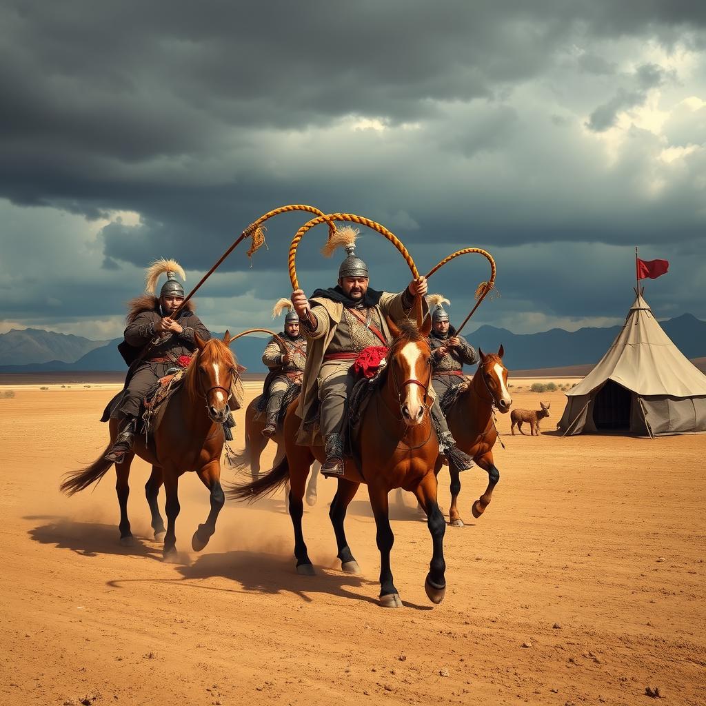 A historical scene depicting the Mongol era, showcasing the use of whips as tools of societal order and dominance