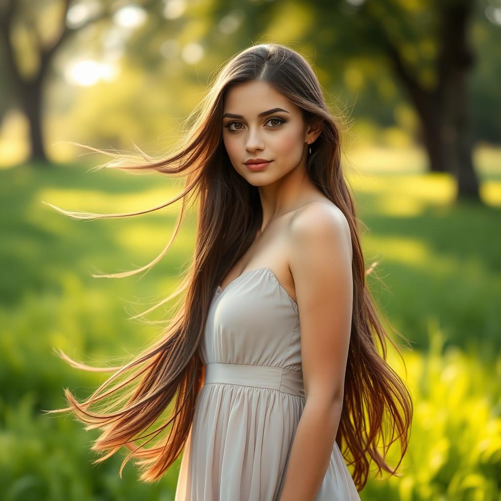 A beautiful young woman with long flowing hair and a serene expression, standing confidently in the foreground