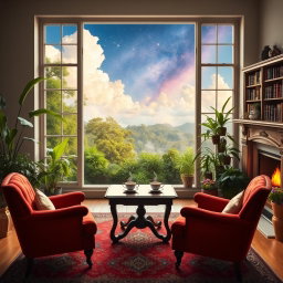 A cozy room with a large window in front, offering a changing view of a lush jungle, fluffy clouds, and a stunning galaxy
