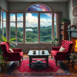A cozy room with a large window in front, offering a changing view of a lush jungle, fluffy clouds, and a stunning galaxy