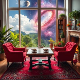 A cozy room with a large window in front, offering a changing view of a lush jungle, fluffy clouds, and a stunning galaxy