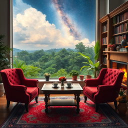 A cozy room with a large window in front, offering a changing view of a lush jungle, fluffy clouds, and a stunning galaxy