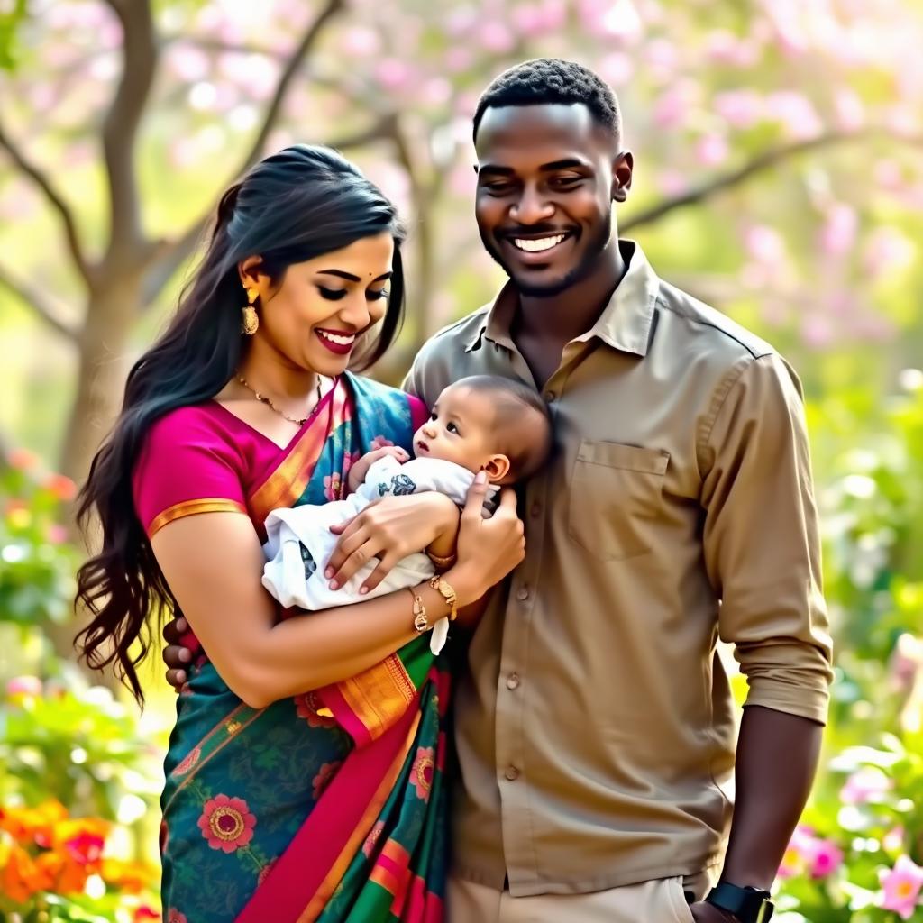 A beautiful Indian woman with long black hair styled elegantly, wearing a colorful traditional sari, lovingly cradling a baby in her arms