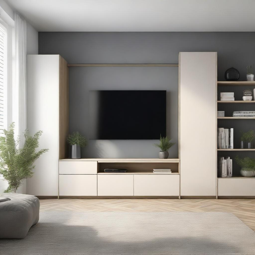 A well-organized TV wall with a TV of 110 cm at center, on a wall of 260 cm, and a closet of 180 cm width to its right. The full wall height is 240 cm.