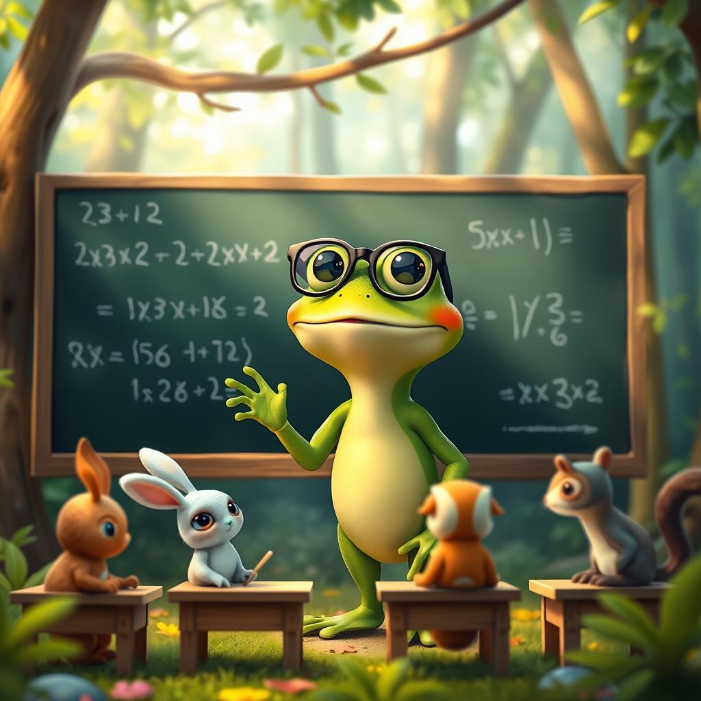 An adorable green frog wearing a tiny pair of glasses, standing in front of a blackboard filled with math equations