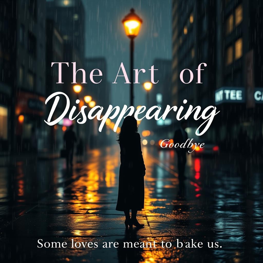 A melancholic scene titled "The Art of Disappearing" displayed boldly in the center using elegant serif or handwritten fonts like Playfair Display or Great Vibes, with the text slightly faded to evoke a sense of longing