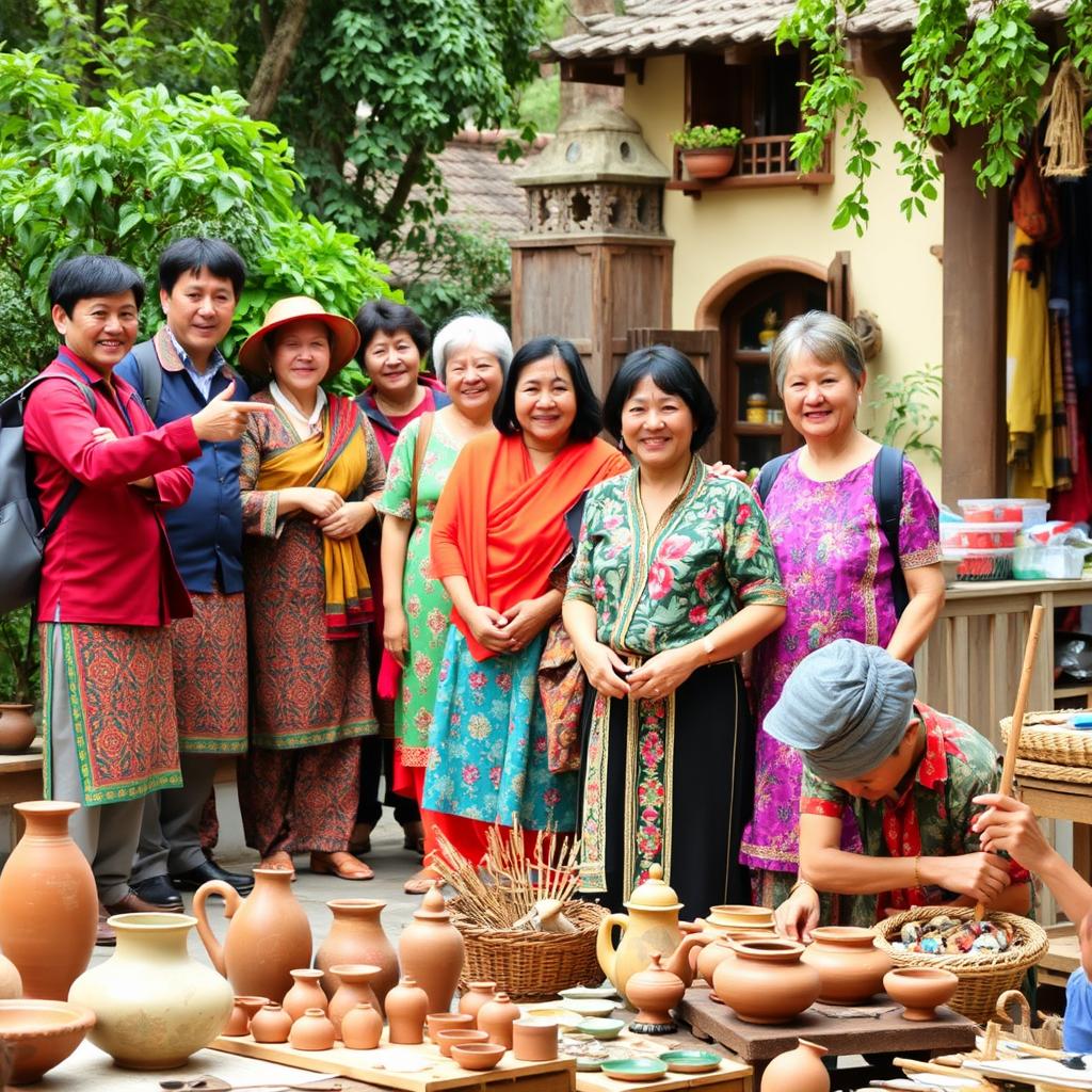 A vibrant scene featuring a group of friendly and knowledgeable tour guides, passionate homestay managers, and skilled local craftsmen