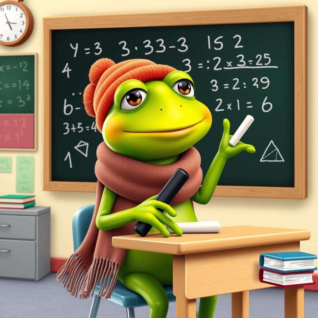 A charming green frog teaching a math class, wearing a cozy scarf and hat to keep warm