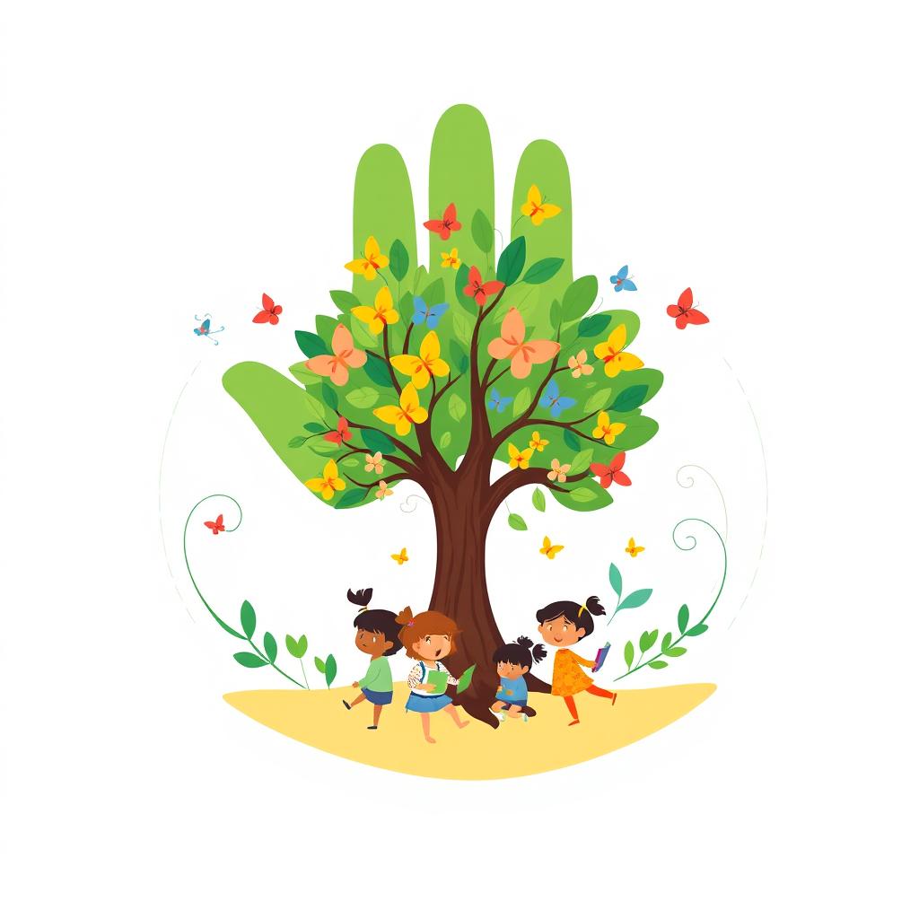 A creative emblem representing the care and nurturing of children, designed in a whimsical style