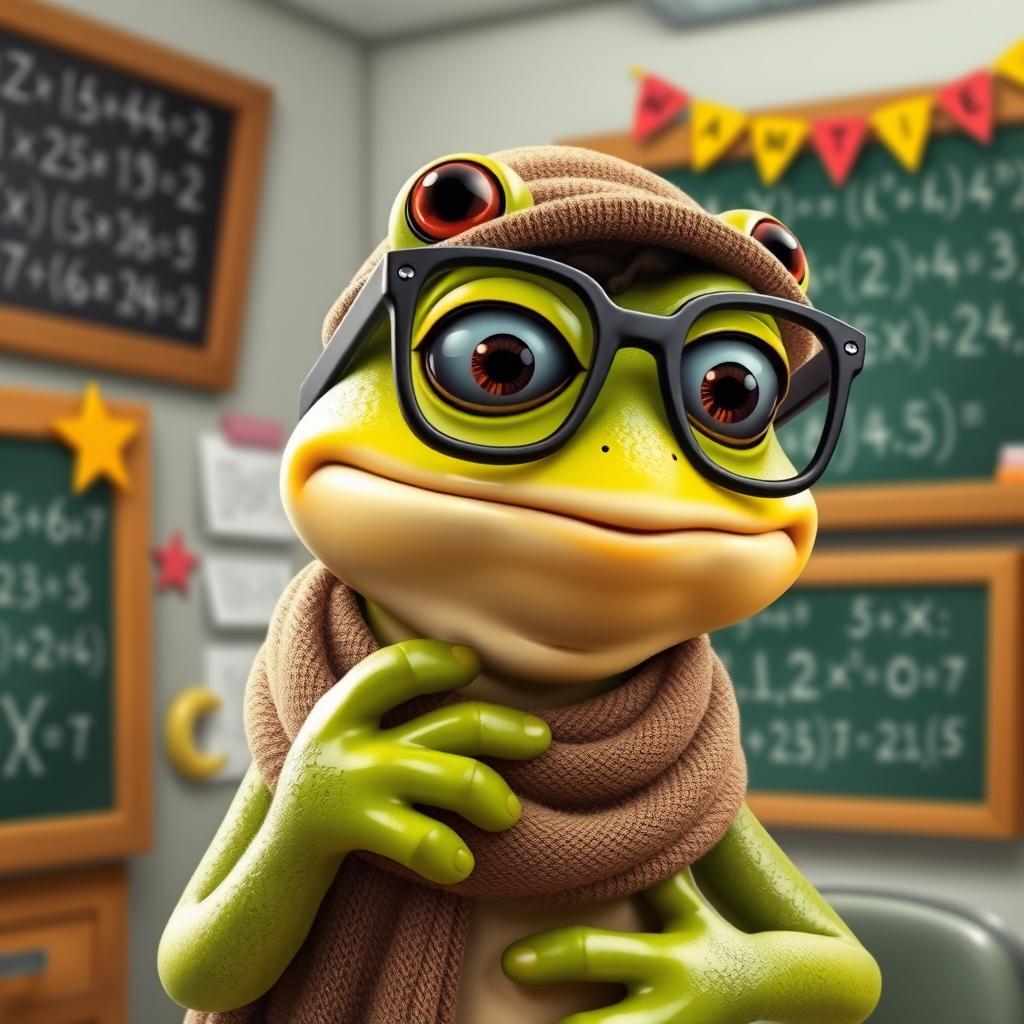 A frog wearing glasses, teaching mathematics