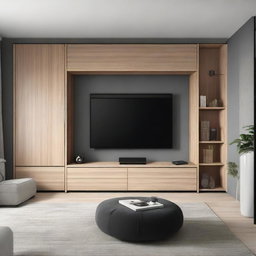 A well-organized TV wall with a TV of 110 cm at center, on a wall of 260 cm, and a closet of 180 cm width to its right. The full wall height is 240 cm.