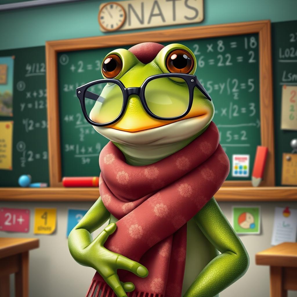 A frog wearing glasses, standing by a chalkboard while teaching mathematics