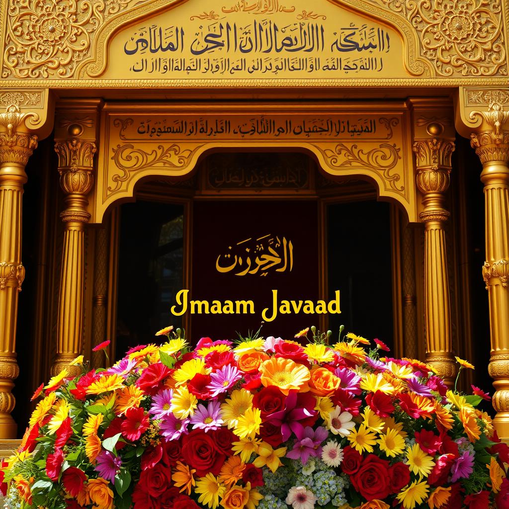 A beautifully ornate shrine in vibrant gold color, featuring delicate designs and intricately inscribed Quranic verses