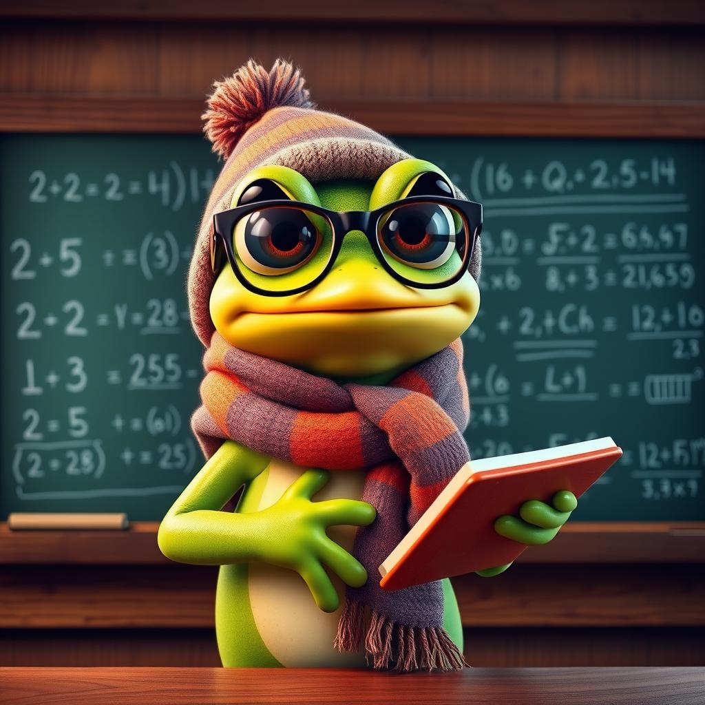 A charming frog wearing glasses, teaching mathematics while standing at a chalkboard