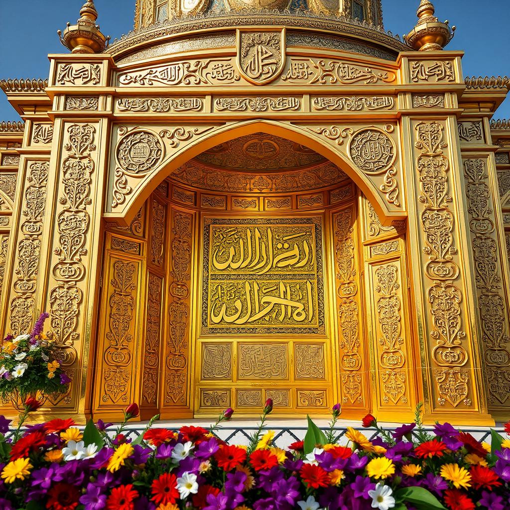 A stunning shrine featuring intricate designs in shimmering gold, adorned with beautiful Quranic verses elegantly engraved throughout the structure