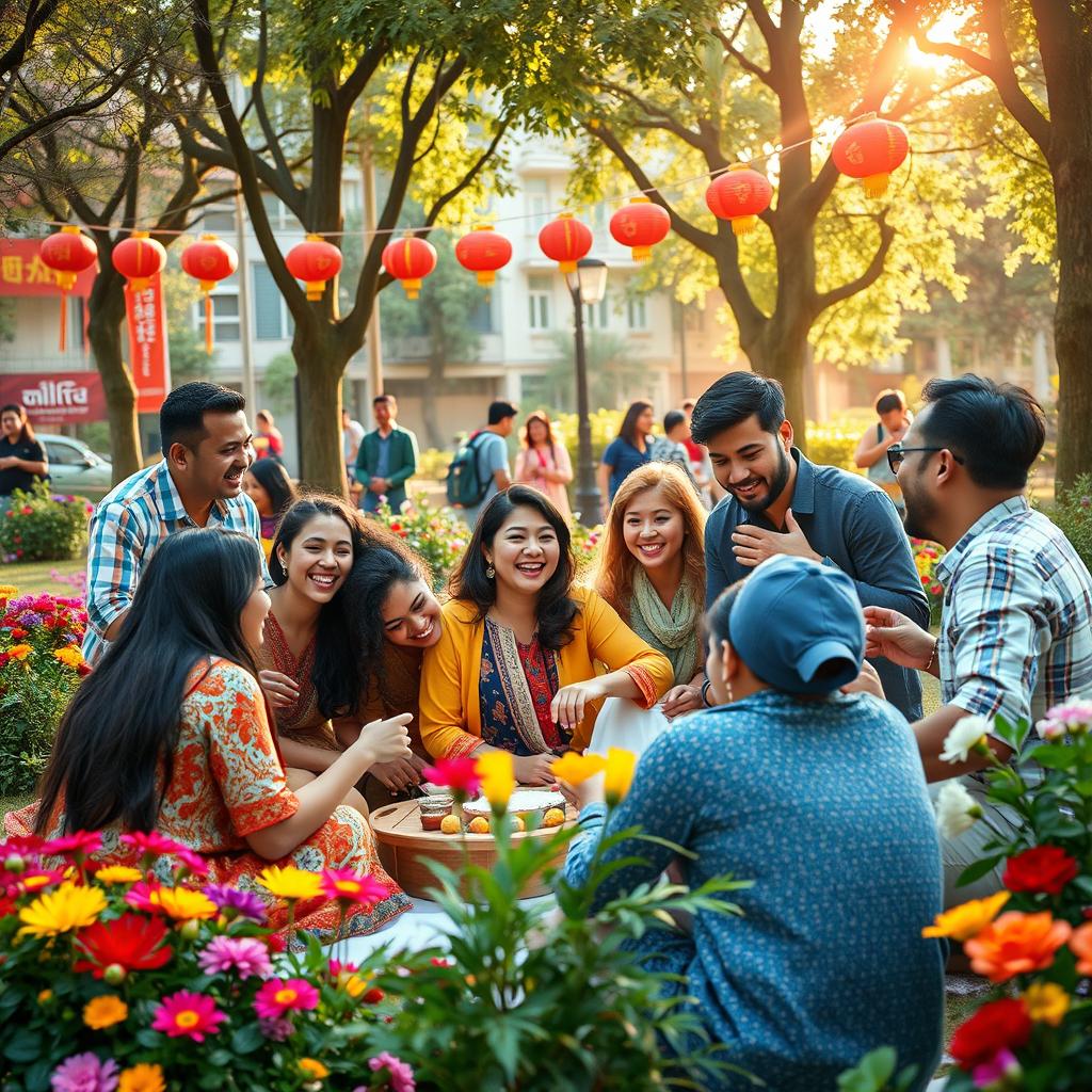 A vibrant and lively scene showcasing a diverse group of individuals engaging in joyful interactions in an urban park