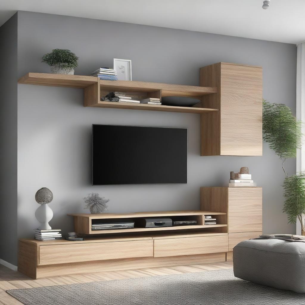 Incorporate a wall-mounted drawer under the 110 cm TV and add some shelves to the left of the TV, all on a 260 cm wall with a 180 cm width closet to the right.