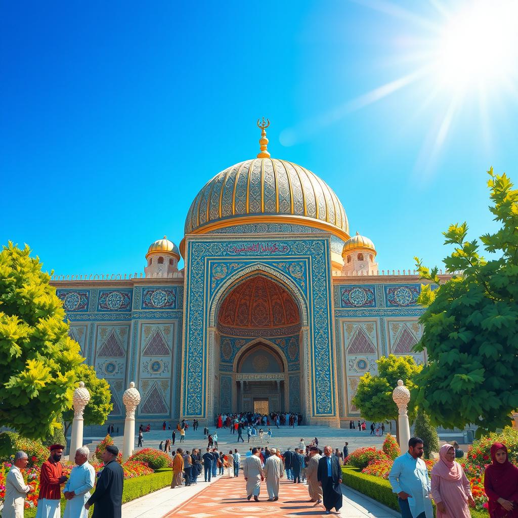 A stunning, detailed illustration of the Imam Javad holy shrine, showcasing its intricate architecture and ornate decorations