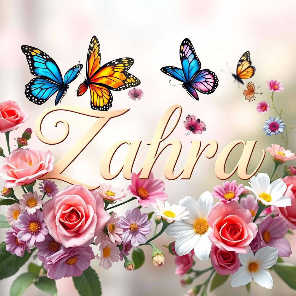 An artistic representation of the name 'Zahra' stylized with elegant, flowing script intertwined with colorful butterflies and blooming flowers