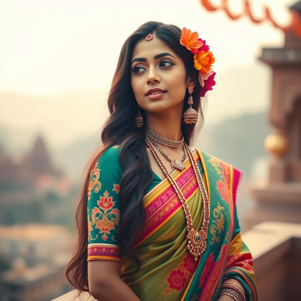 A stunning Indian woman showcasing vibrant traditional attire, featuring intricate embroidery and rich, colorful fabrics