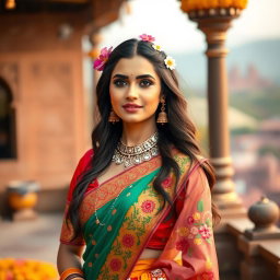 A stunning Indian woman showcasing vibrant traditional attire, featuring intricate embroidery and rich, colorful fabrics