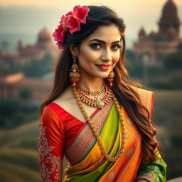 A stunning Indian woman showcasing vibrant traditional attire, featuring intricate embroidery and rich, colorful fabrics