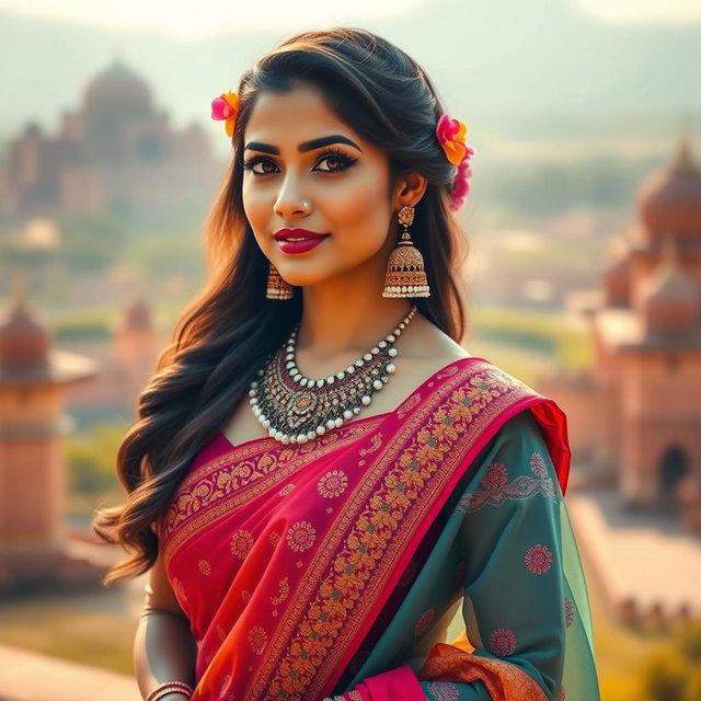 A stunning Indian woman showcasing vibrant traditional attire, featuring intricate embroidery and rich, colorful fabrics