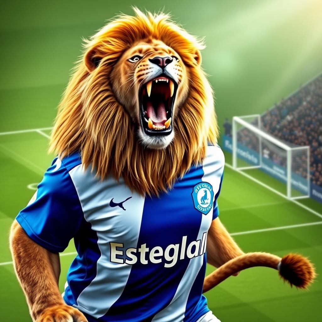 A powerful lion wearing the blue and white jersey of the Esteghlal football team, roaring majestically