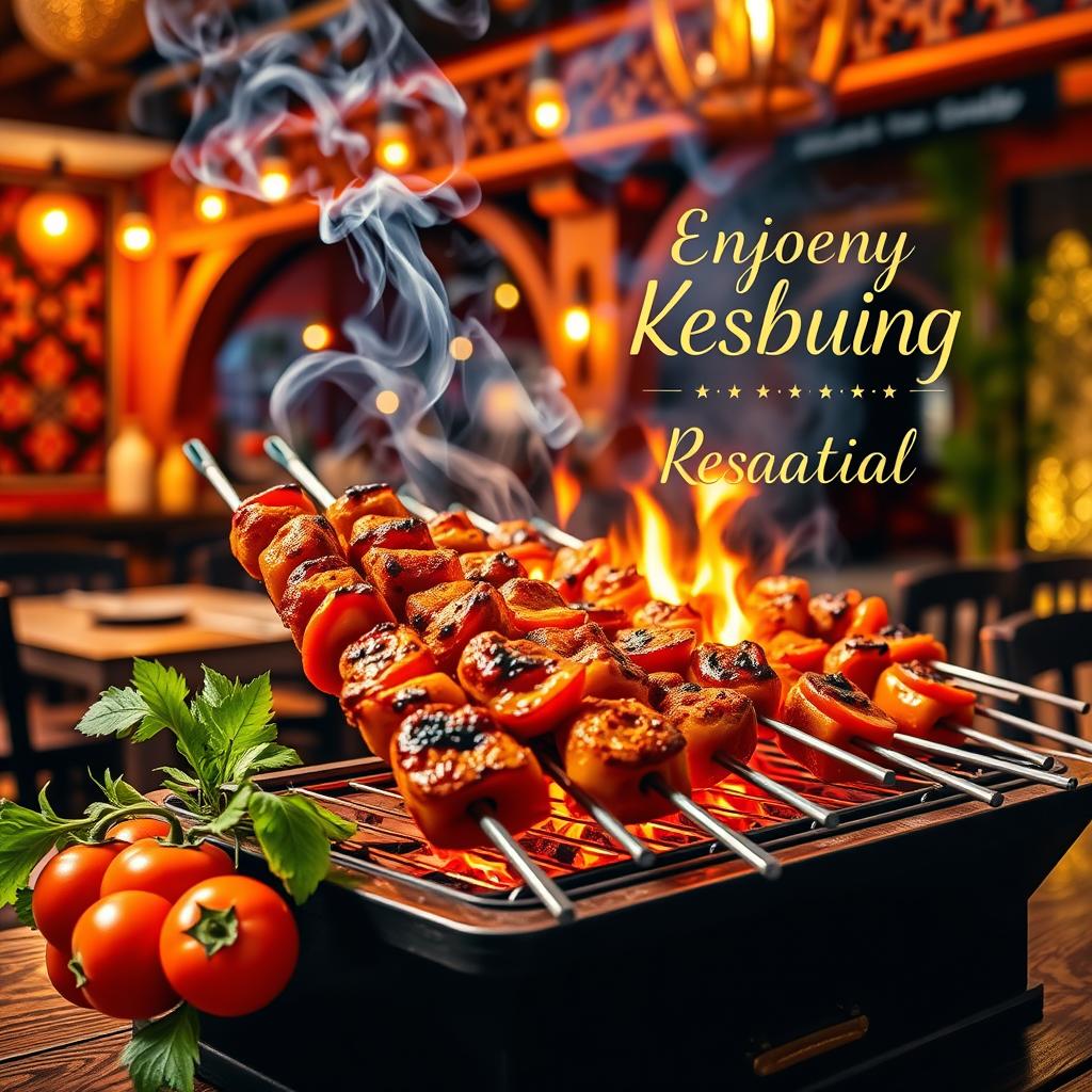A vibrant and inviting restaurant banner featuring a lively scene of a traditional kebab grilling