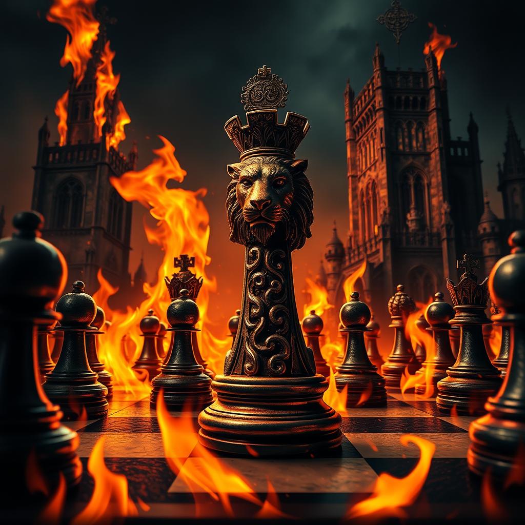 A dramatic scene depicting a chessboard engulfed in flames, with a focus on a central chess king piece intricately carved in the shape of a lion