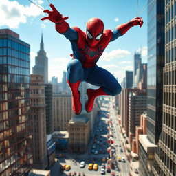 A dynamic and vibrant scene featuring a superhero inspired by Spiderman, clad in a red and blue costume with a web pattern, swinging through a bustling cityscape