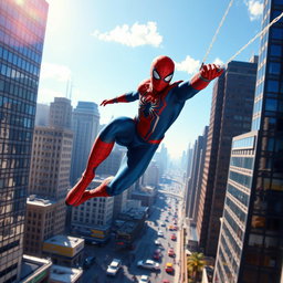 A dynamic and vibrant scene featuring a superhero inspired by Spiderman, clad in a red and blue costume with a web pattern, swinging through a bustling cityscape