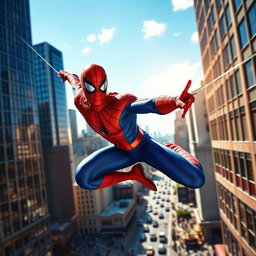 A dynamic and vibrant scene featuring a superhero inspired by Spiderman, clad in a red and blue costume with a web pattern, swinging through a bustling cityscape