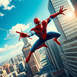 A dynamic and vibrant scene featuring a superhero inspired by Spiderman, clad in a red and blue costume with a web pattern, swinging through a bustling cityscape