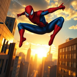 A dynamic and heroic depiction of Spider-Man swinging through the city at sunset, showcasing his iconic red and blue suit, with the city skyline in the background