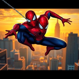A dynamic and heroic depiction of Spider-Man swinging through the city at sunset, showcasing his iconic red and blue suit, with the city skyline in the background