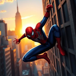 A dynamic and heroic depiction of Spider-Man swinging through the city at sunset, showcasing his iconic red and blue suit, with the city skyline in the background
