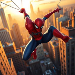 A dynamic and heroic depiction of Spider-Man swinging through the city at sunset, showcasing his iconic red and blue suit, with the city skyline in the background