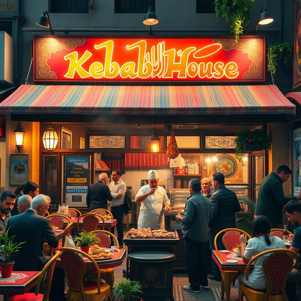 A vibrant and bustling scene of a traditional Iranian kebab restaurant with a beautifully designed sign above that reads 'Kebab House' in elegant Persian calligraphy