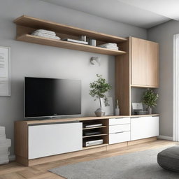 Incorporate a wall-mounted drawer under the 110 cm TV and add some shelves to the left of the TV, all on a 260 cm wall with a 180 cm width closet to the right.