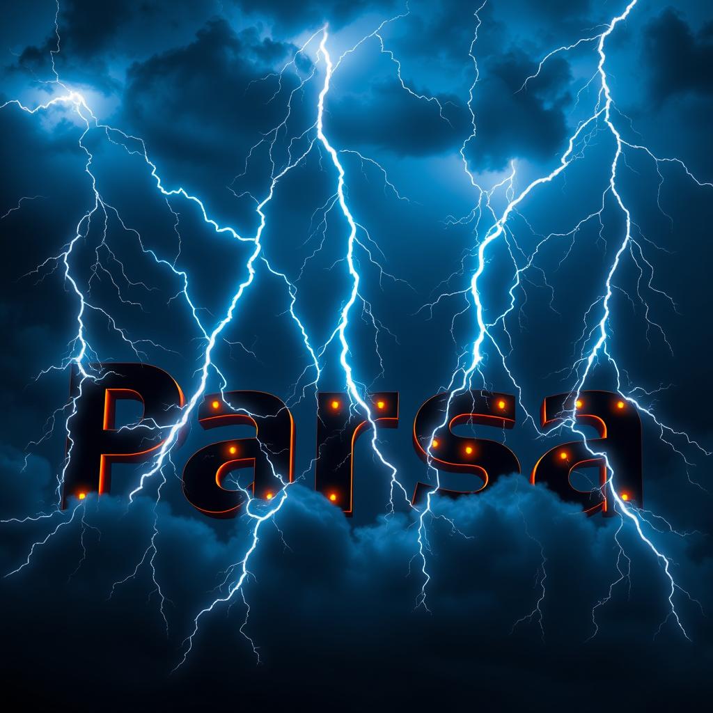 A striking image of the name "Parsa" displayed in bold, stylized letters, dramatically illuminated by multiple lightning bolts striking it from different angles