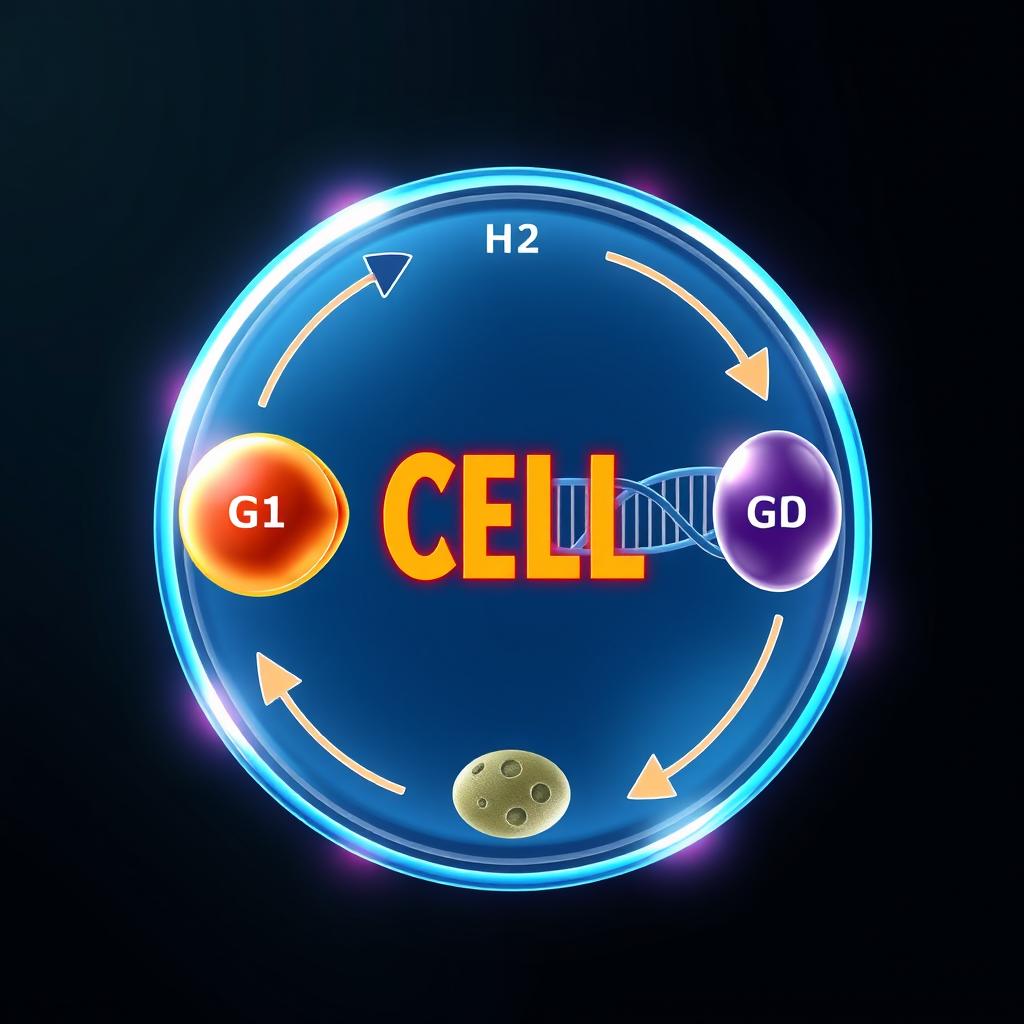 A highly detailed scientific illustration of the eukaryotic cell cycle, showcasing the stages G1, S, G2, and mitosis