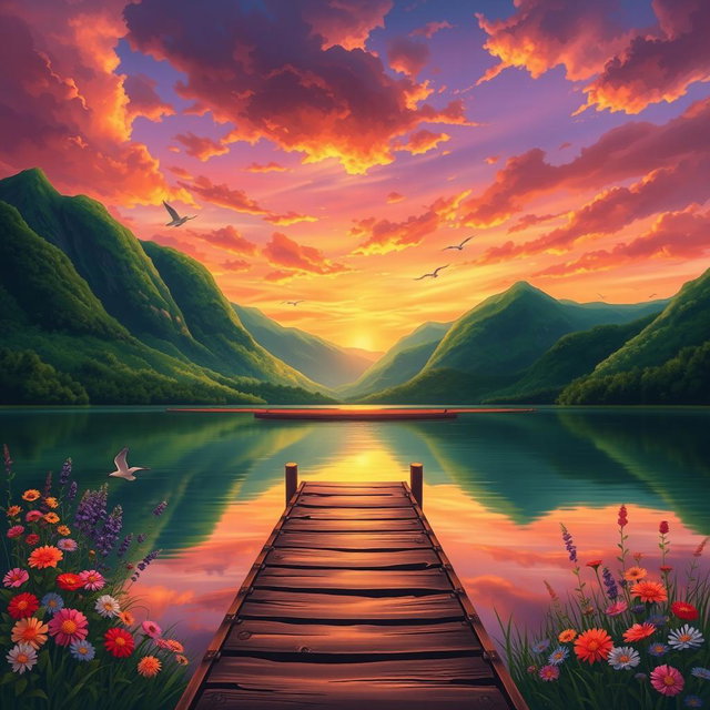 A beautifully crafted illustration of a serene landscape featuring a vibrant sunset over a tranquil lake, surrounded by lush green mountains