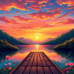 A beautifully crafted illustration of a serene landscape featuring a vibrant sunset over a tranquil lake, surrounded by lush green mountains