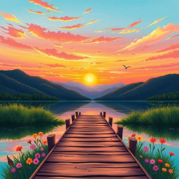 A beautifully crafted illustration of a serene landscape featuring a vibrant sunset over a tranquil lake, surrounded by lush green mountains